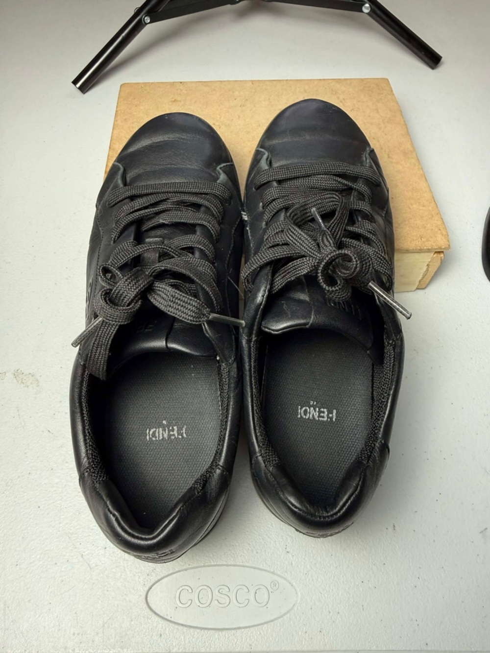 Used FENDI FF Embossed Black Leather Sneakers Sz 37.5 / US 7.5 - Picture 6 of 13